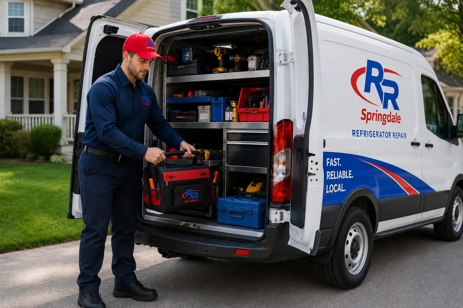 RR Springdale refrigerator repair service van with technician and tools for same-day fridge repair in Springdale AR