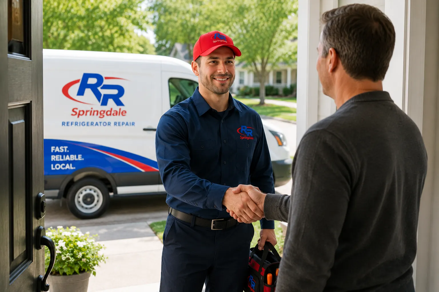 Residential refrigerator repair technician helping a homeowner in Springdale AR