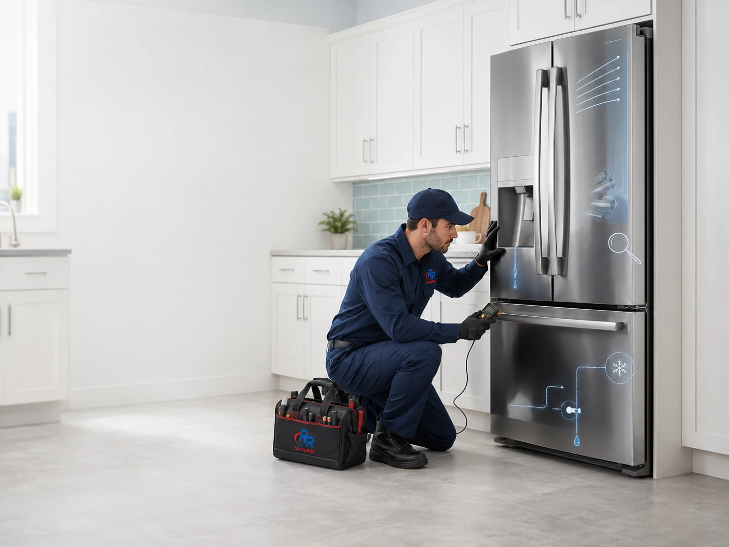 Technician repairing a Frigidaire-style Gallery refrigerator in Springdale, AR