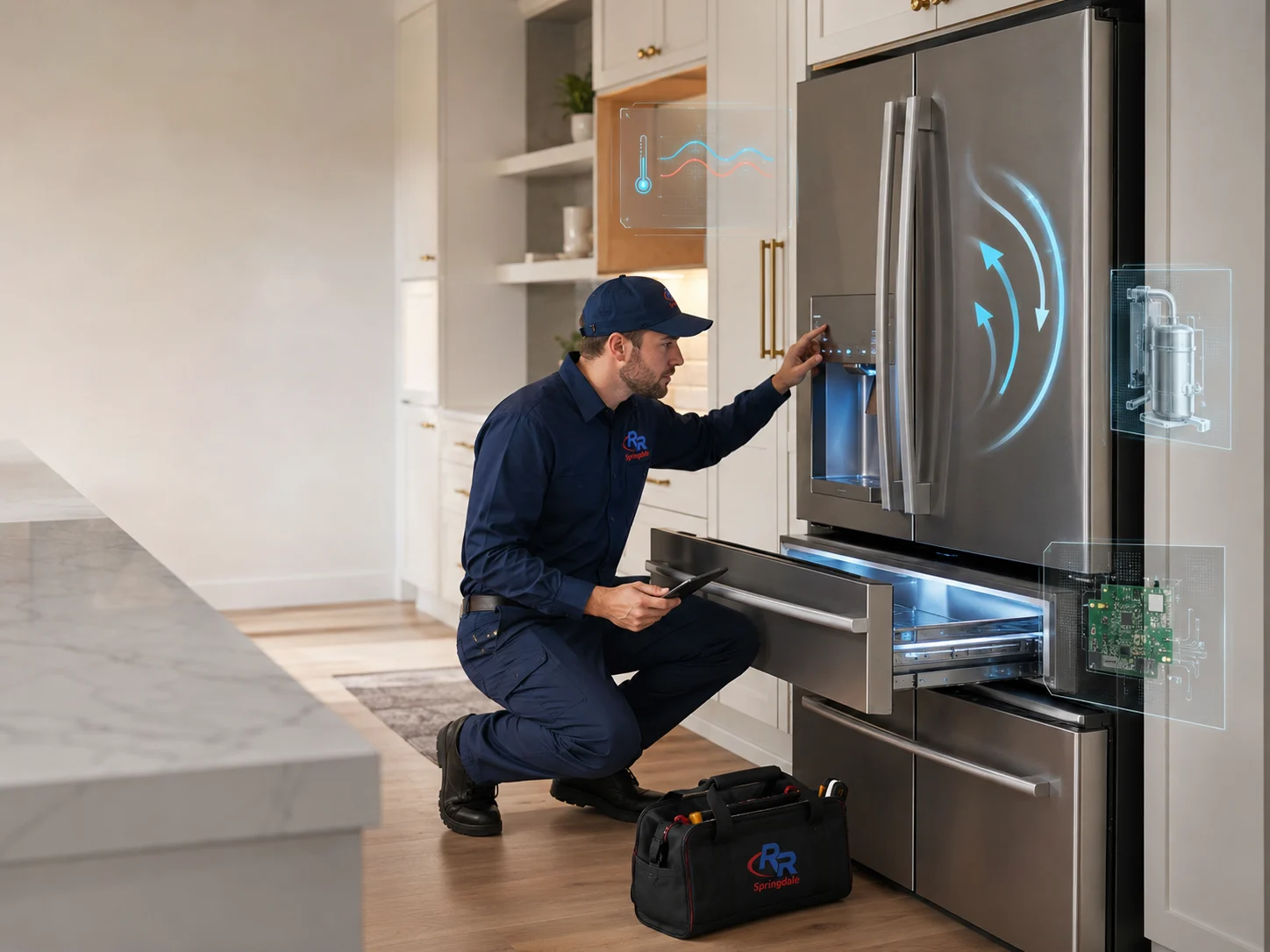 Technician diagnosing a GE-style Profile refrigerator in a Springdale home