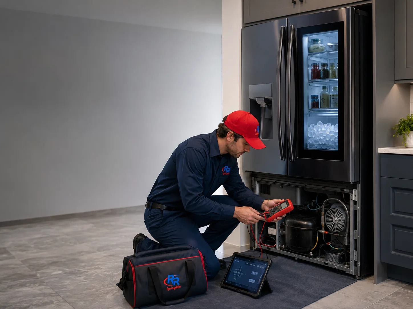 Appliance technician inspecting an LG-style InstaView refrigerator in Springdale, AR