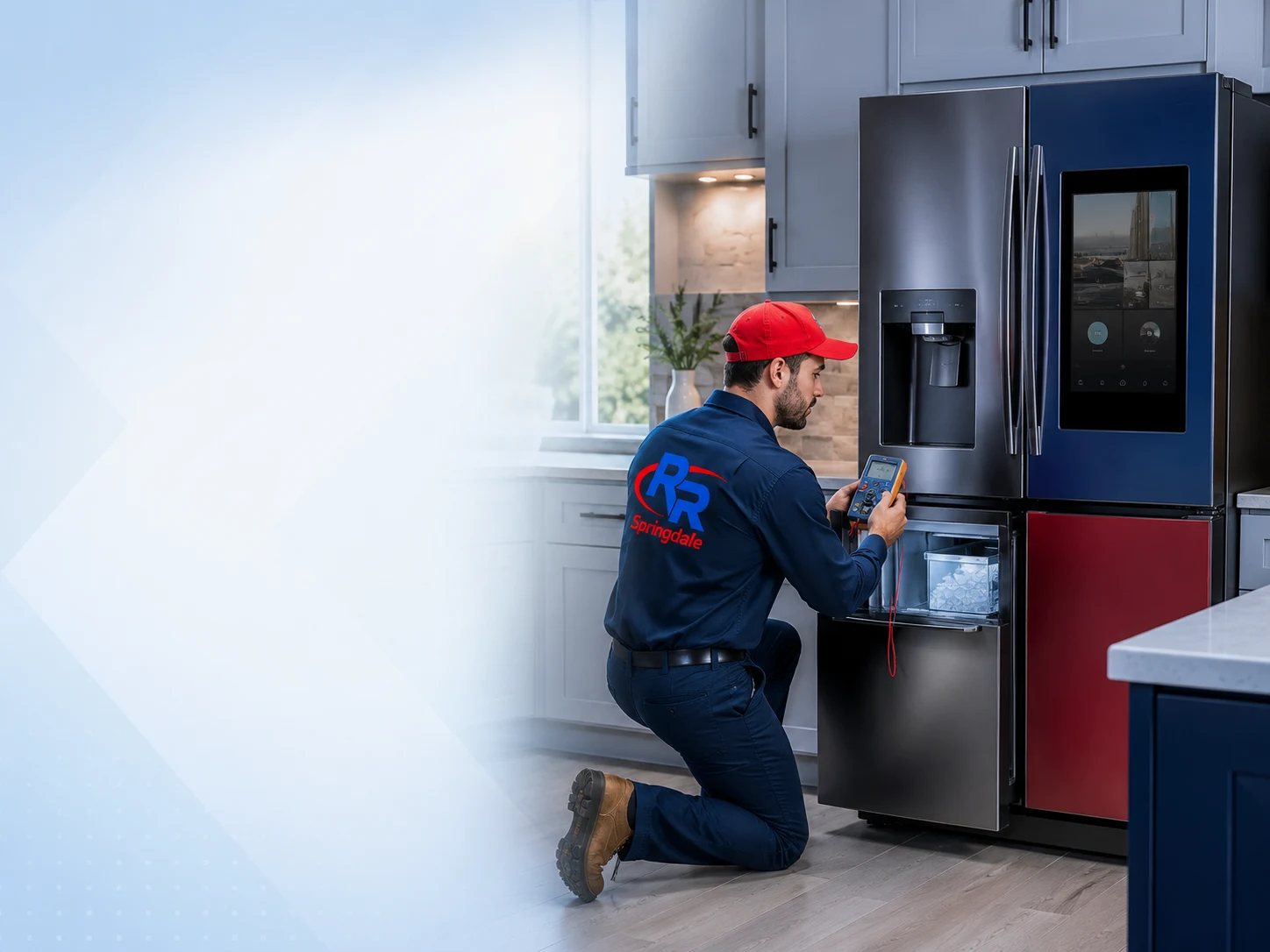 Technician diagnosing a Samsung-style smart refrigerator for repair in Springdale, AR