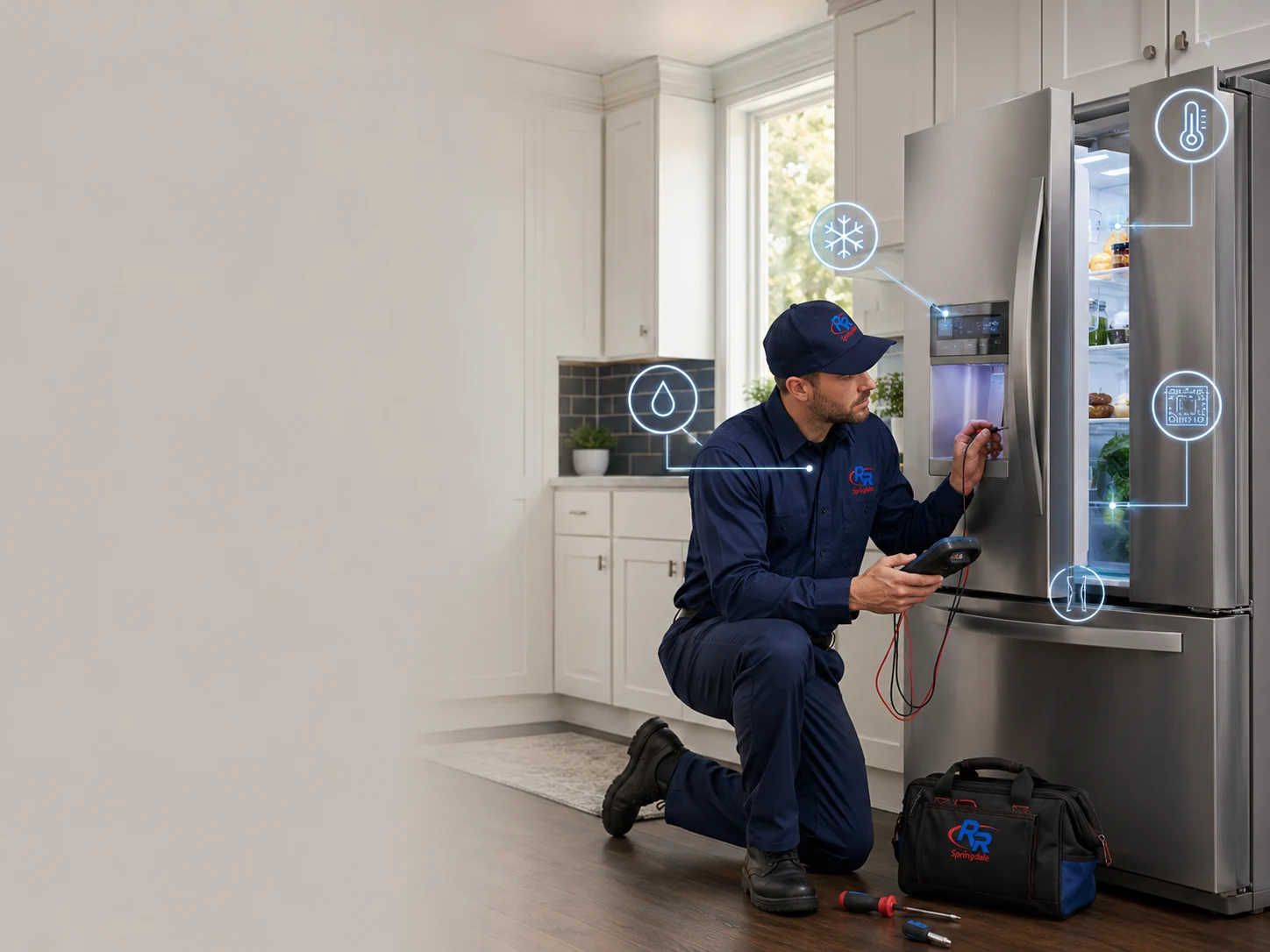 Local technician repairing a Whirlpool-style refrigerator ice and dispenser system in Springdale