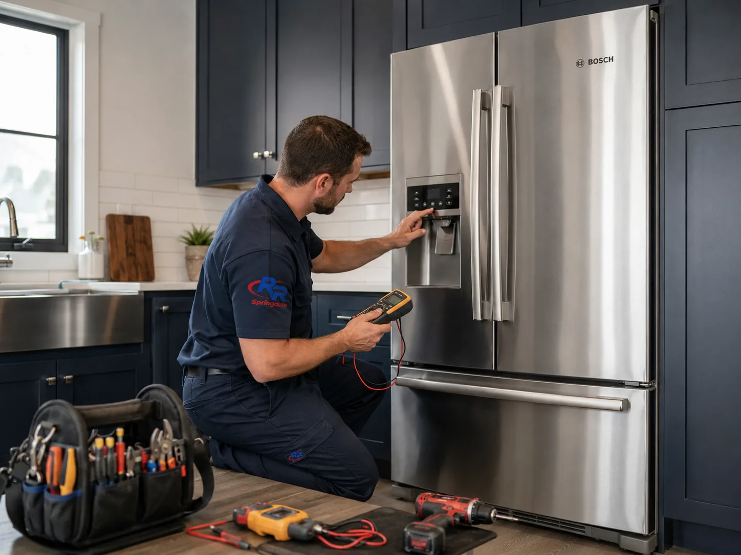 Bosch refrigerator repair technician diagnosing a refrigerator in Springdale, AR.