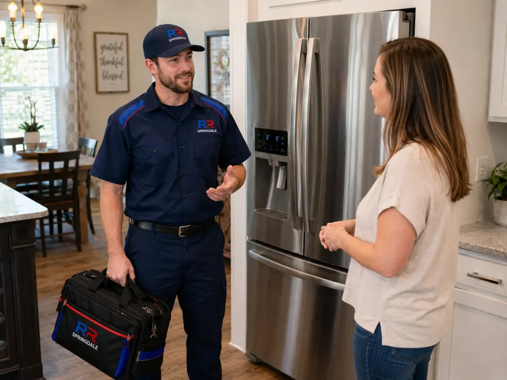 RR Springdale technician discussing refrigerator compressor service with a homeowner in Springdale, AR.