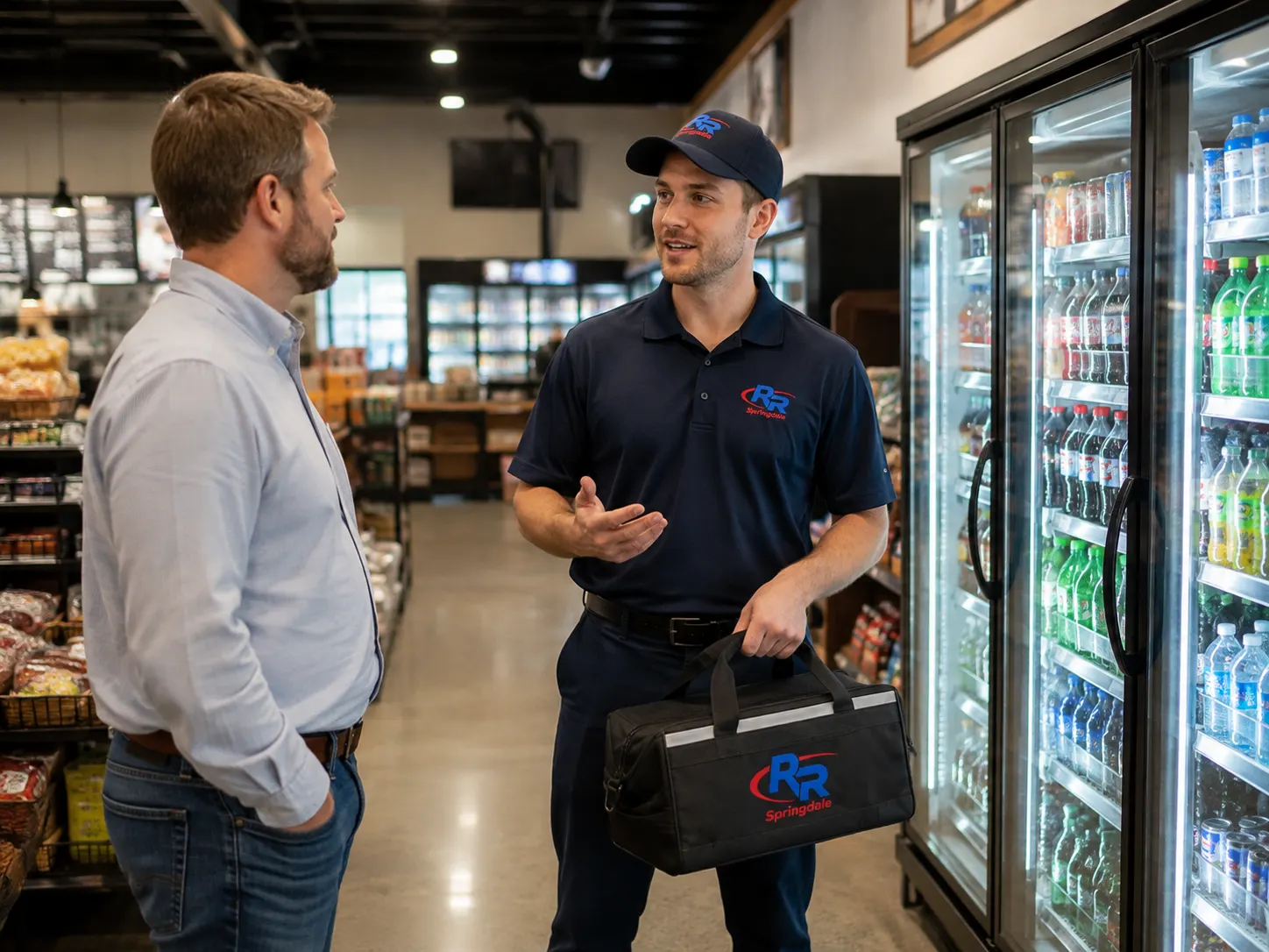 RR Springdale technician speaking with a store owner about refrigerated display case service in Springdale, AR.
