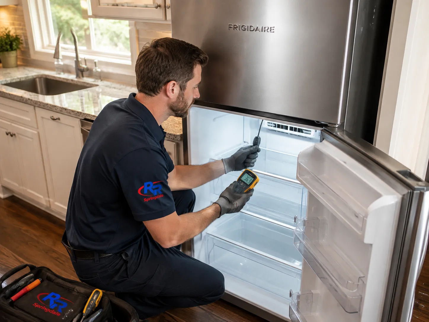 Frigidaire refrigerator repair technician checking cooling in Springdale, AR.