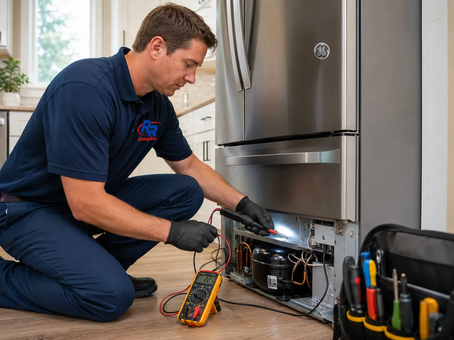 GE refrigerator repair technician performing electrical diagnostics in Springdale, AR.
