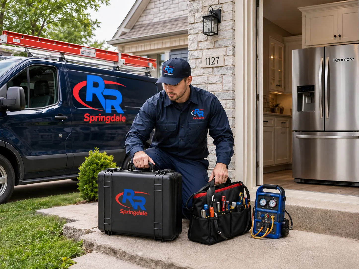 RR Springdale arriving for Kenmore refrigerator repair service in Springdale, AR.