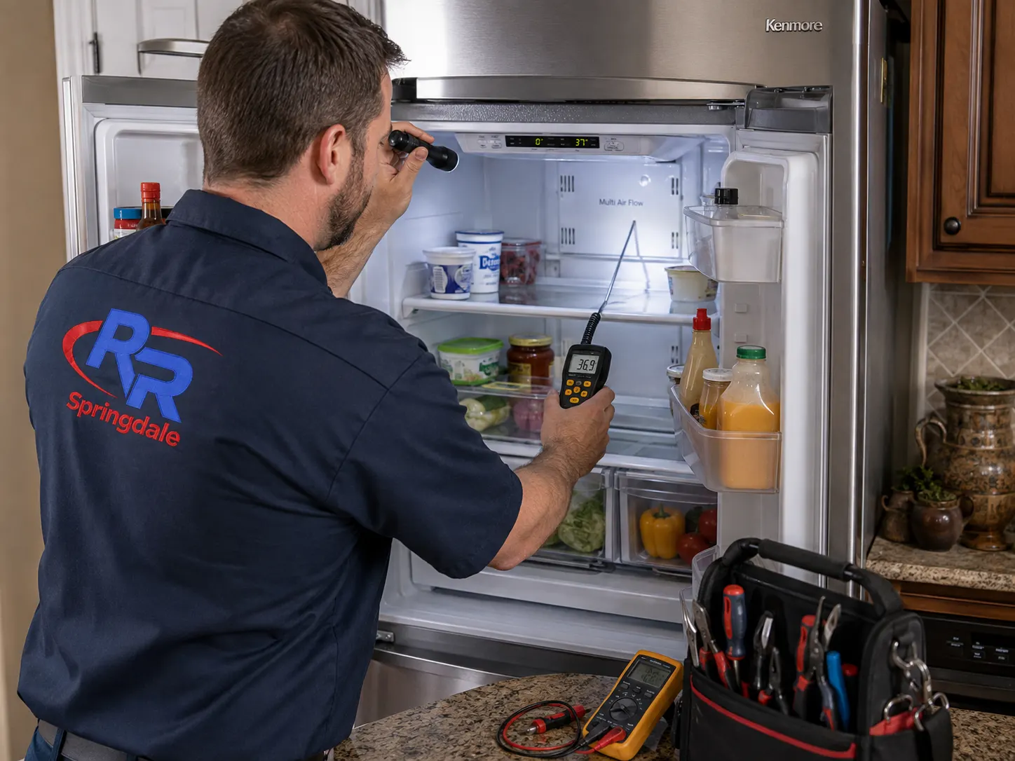 Kenmore refrigerator repair technician diagnosing temperature issues in Springdale, AR.