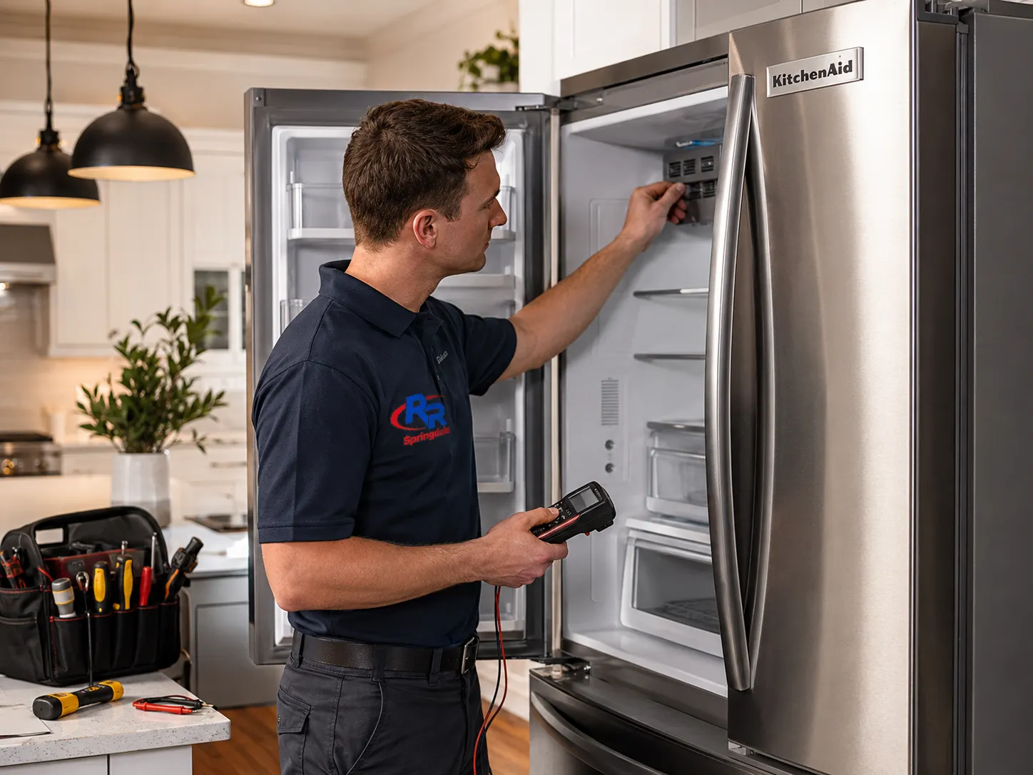KitchenAid refrigerator repair technician performing diagnostics in Springdale, AR.