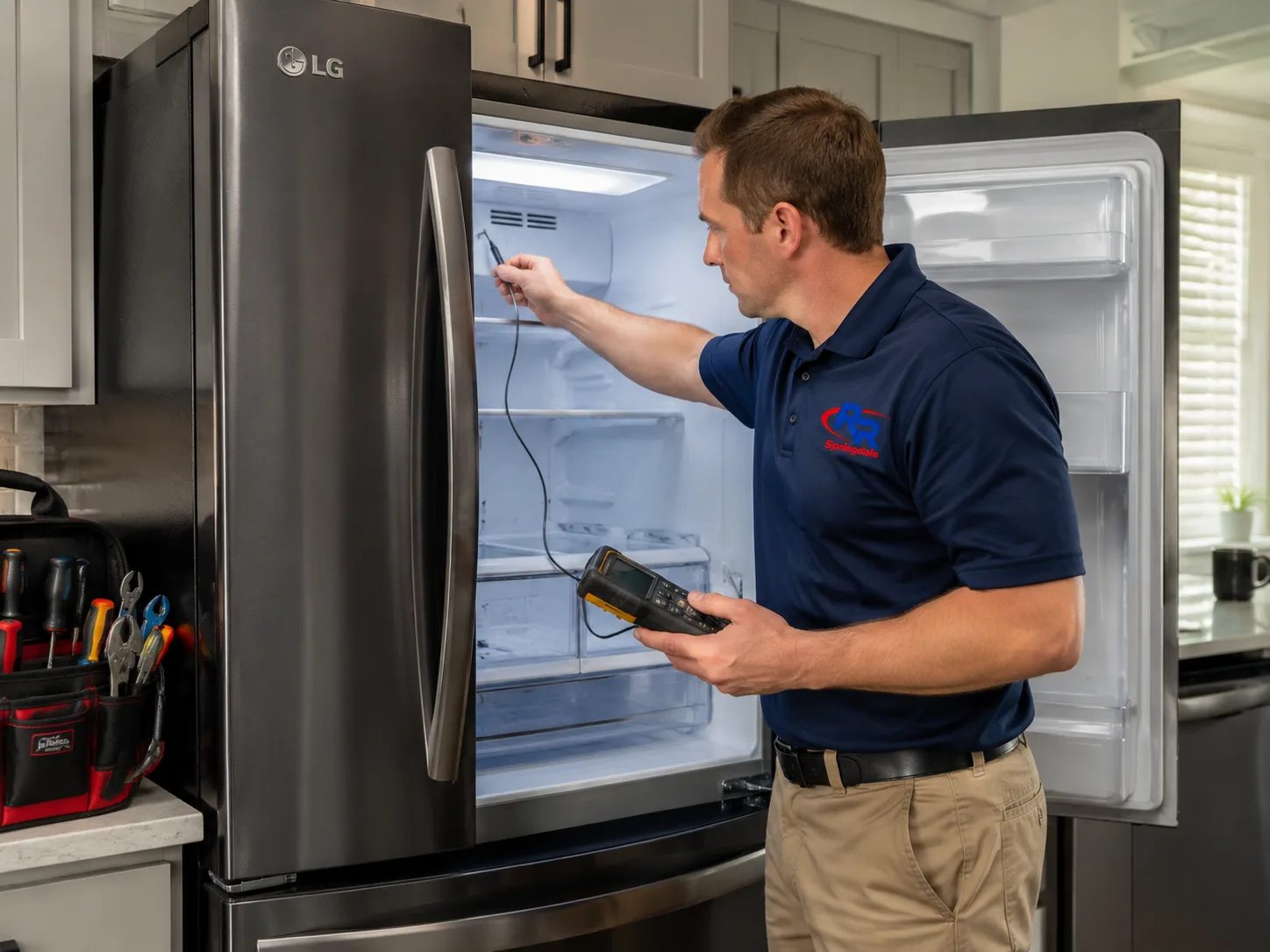 LG refrigerator repair technician checking cooling performance in Springdale, AR.