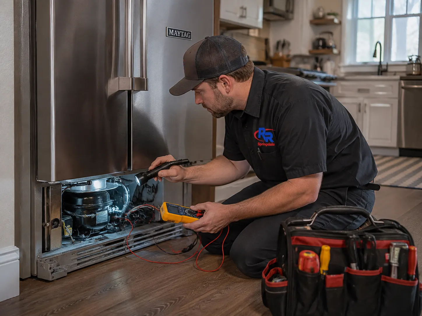Maytag refrigerator repair technician troubleshooting an appliance in Springdale, AR.