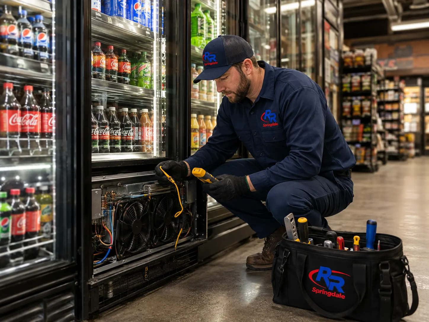RR Springdale technician repairing a refrigerated display case in Springdale, AR.