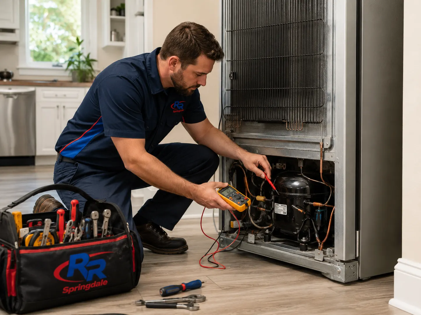RR Springdale technician repairing a refrigerator compressor in Springdale, AR.