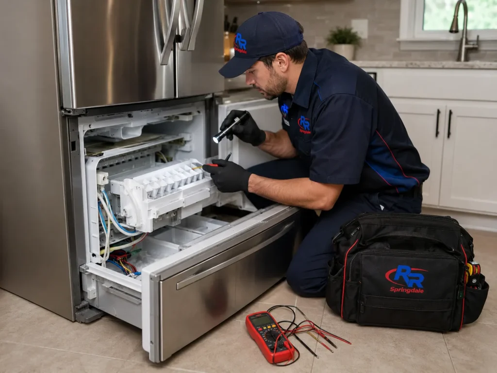 RR Springdale technician repairing a refrigerator ice maker in Springdale, AR.