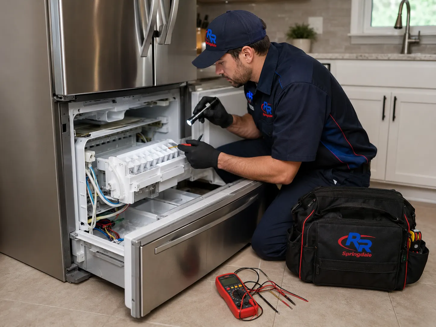 RR Springdale technician repairing a refrigerator ice maker in Springdale, AR.