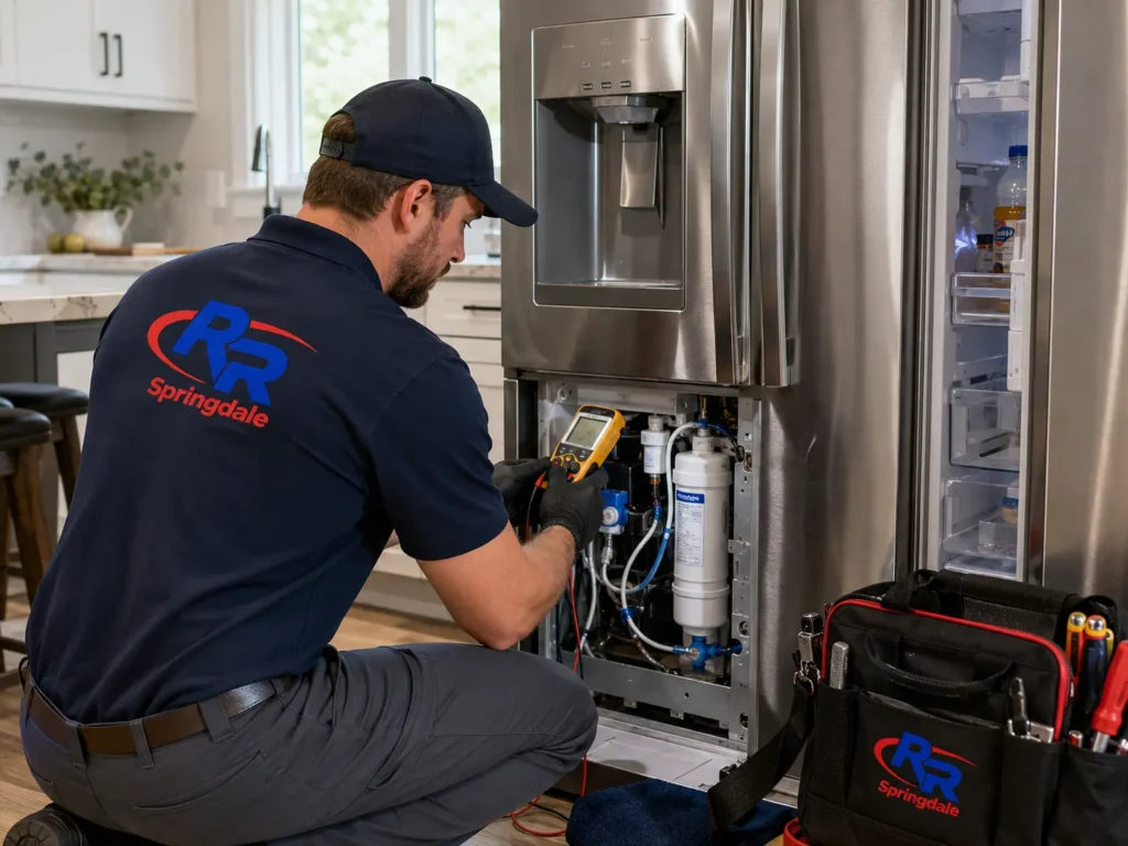 RR Springdale technician repairing a refrigerator water dispenser in Springdale, AR.