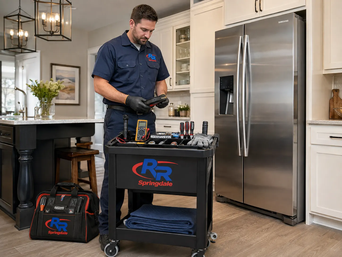 RR Springdale technician prepared for Samsung refrigerator repair service in Springdale, AR.