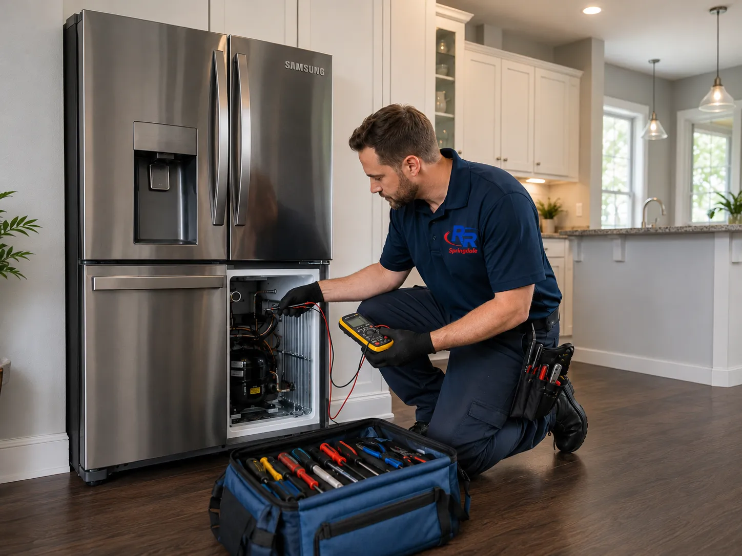 Samsung refrigerator repair technician diagnosing a refrigerator in Springdale, AR.