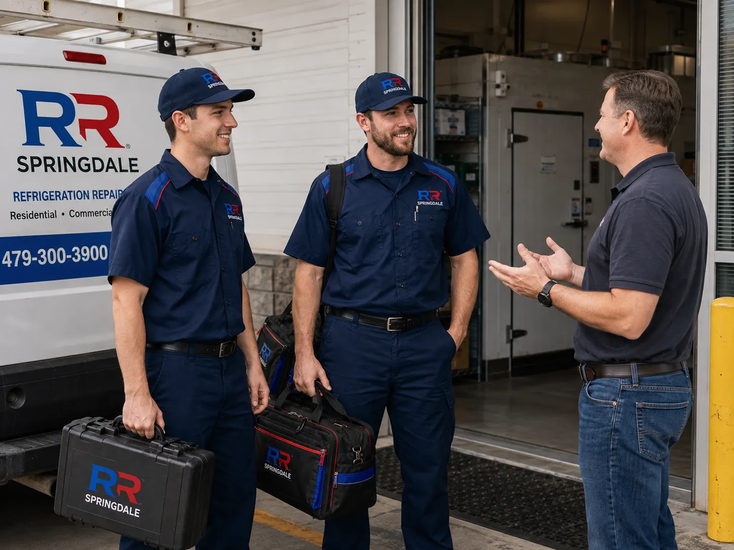RR Springdale technicians speaking with a commercial owner before walk-in refrigeration service in Springdale, AR