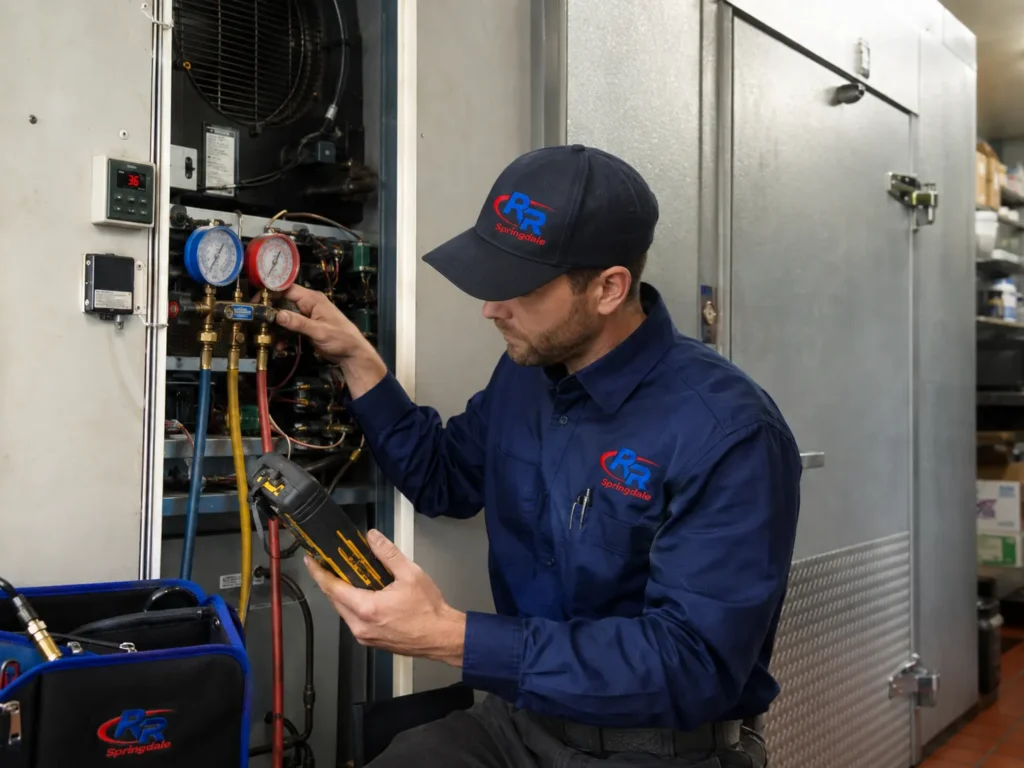 RR Springdale technician repairing a walk-in refrigeration system in Springdale, AR.