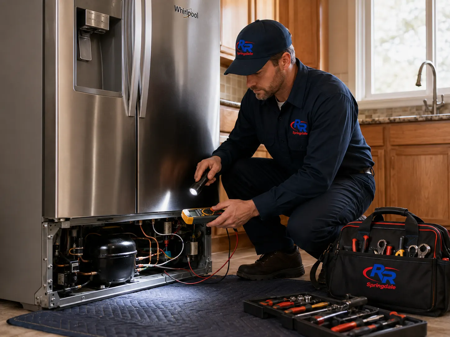 Whirlpool refrigerator repair technician inspecting a refrigerator in Springdale, AR.