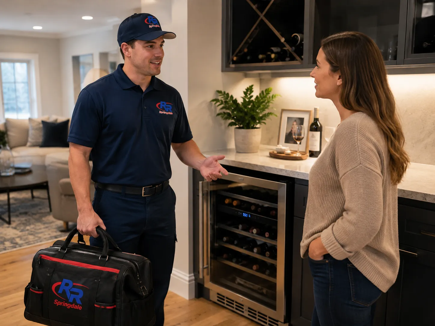 RR Springdale technician discussing wine cooler service with a homeowner in Springdale, AR